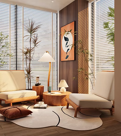 Modern Casual Sofa Set with Wooden Accents Green Plants and Table Lamp 3d model