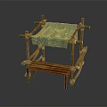 Crossed Wooden Sticks Frame With Green Striped Cloth And Wooden Bench