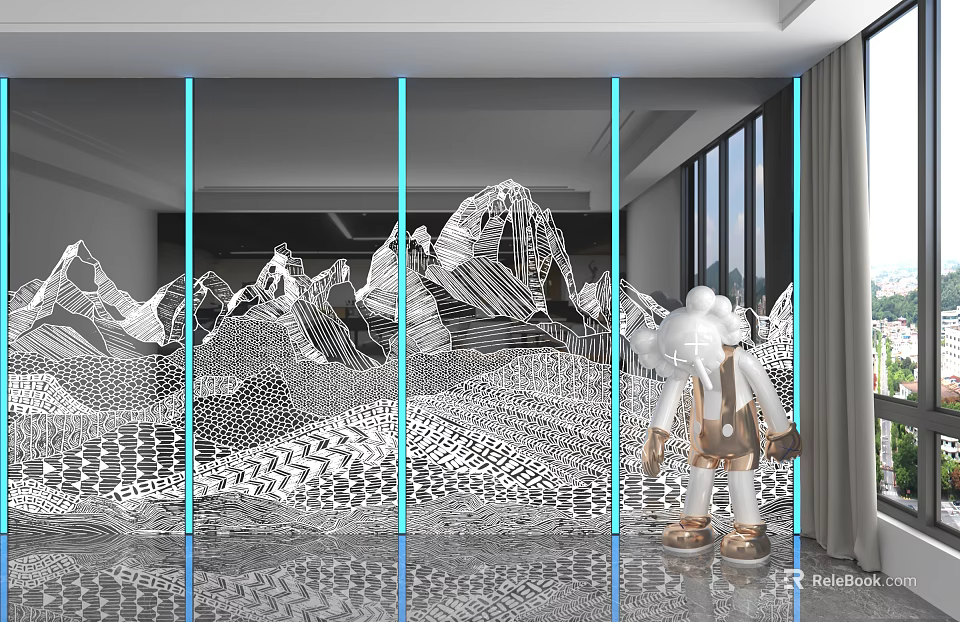 Modern Interior With Mountain Pattern Wall Paneling And Blue LED Strip Decorations 3d model 