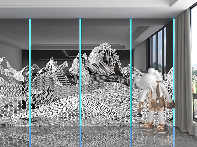 Modern Interior With Mountain Pattern Wall Paneling And Blue LED Strip Decorations 3d model