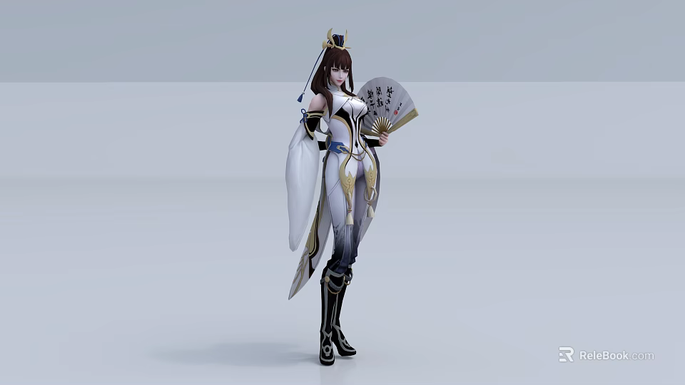 Woman In White And Gold Traditional Costume Holding Fan With Chinese Characters And Elegant Headpiece 3d model 
