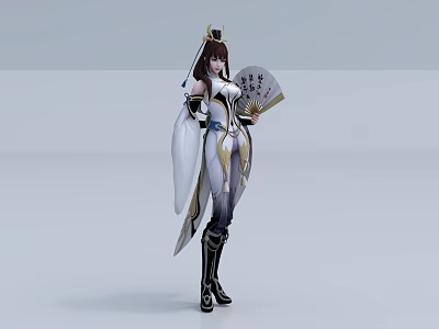 Woman In White And Gold Traditional Costume Holding Fan With Chinese Characters And Elegant Headpiece 3d model
