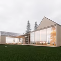 Modern Single Family House Exterior With Wooden Siding Gable Roof And Large Glass Windows