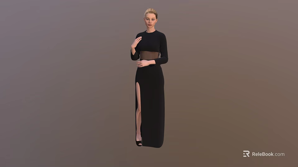 Woman Wearing Long Black Dress With High Slit And Long Sleeves Standing 3d model 