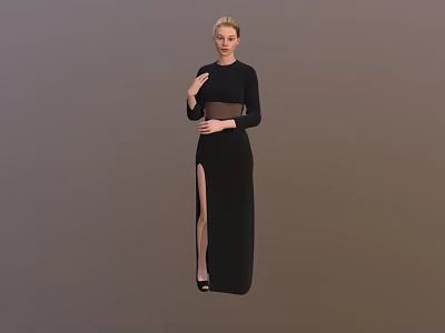 Woman Wearing Long Black Dress With High Slit And Long Sleeves Standing 3d model