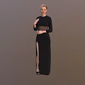 Woman Wearing Long Black Dress With High Slit And Long Sleeves Standing