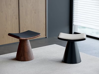 Modern Stools with Wooden Base and Leather Seat in Black Beige on Indoor Carpet with Cabinet 3d model