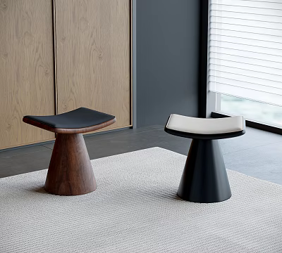 Modern Stools with Wooden Base and Leather Seat in Black Beige on Indoor Carpet with Cabinet 3d model