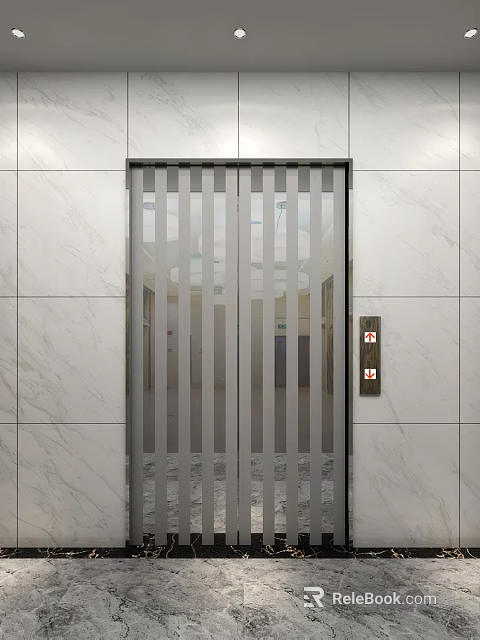 Modern Elevator Hallway Interior With Marble Walls Vertical Striped Doors And Control Panel 3d model 