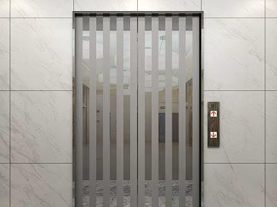 Modern Elevator Hallway Interior With Marble Walls Vertical Striped Doors And Control Panel 3d model
