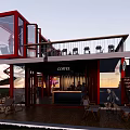 Modern Red Container Building Coffee Shop With Outdoor Terrace And Large Windows