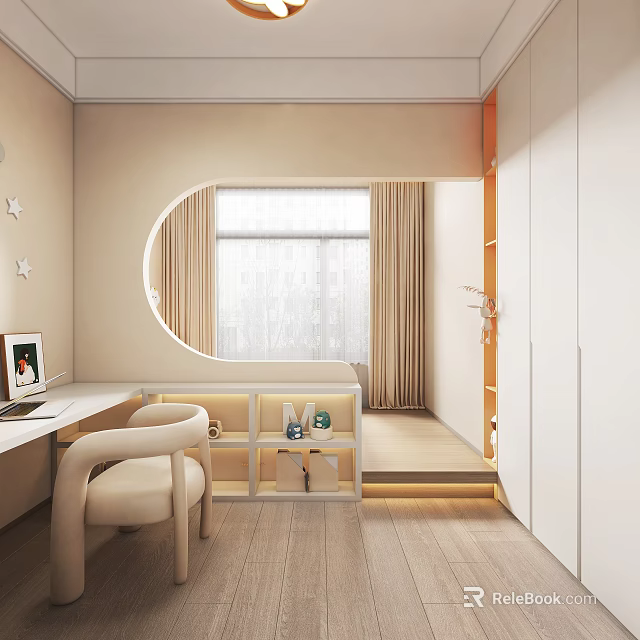 Modern Tatami Bedroom Interior With Desk Chair Window Curtains And Storage Cabinets 3d model 