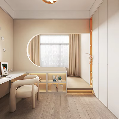 Modern Tatami Bedroom Interior With Desk Chair Window Curtains And Storage Cabinets 3d model
