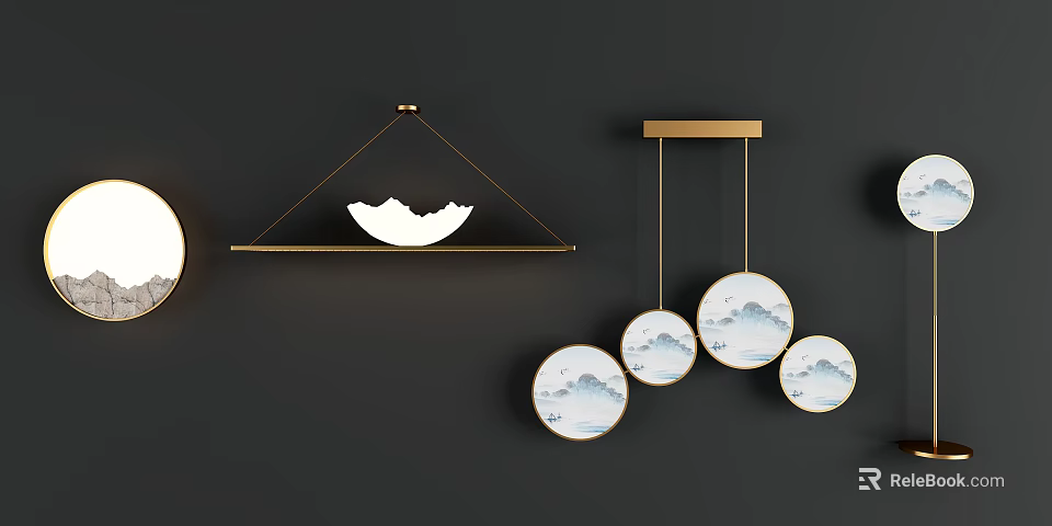 Modern Artistic Lamp Set With Mountain Pattern And Gold Frame Hanging Lights 3d model