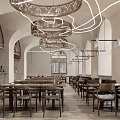 Modern Bar Interior Design With Arched Ceilings Wooden Tables And Pendant Lights