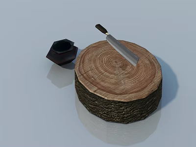 Sharp Knife Placed On Wooden Stump With Dark Hexagonal Object Nearby 3d model