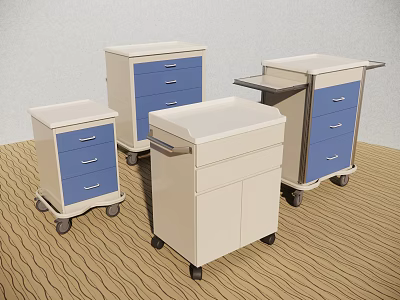 Four Medical Carts with Blue Drawers White Cabinets and Wheels on Wavy Textured Floor 3d model
