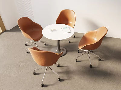 Orange Leisure Chairs with Metal Legs and Wheels Around White Round Table in Modern Space 3d model
