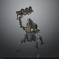 Spider Legged Mechanical Robot Character Holding Red Spiked Creature With Shiny Metallic Armor