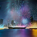 Colorful Cartoon Night Scene With City Skyline Bright Fireworks And Shimmering Water Reflection Lights