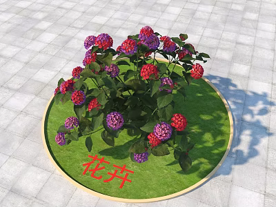 Vibrant Red and Purple Flowers on Circular Lawn With Yellow Border and Gray Brick Ground 3d model