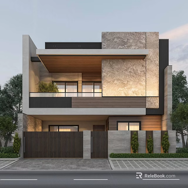 Modern Single Family Villa Exterior Design With Stone Wood Facade Balcony And Trees 3d model 
