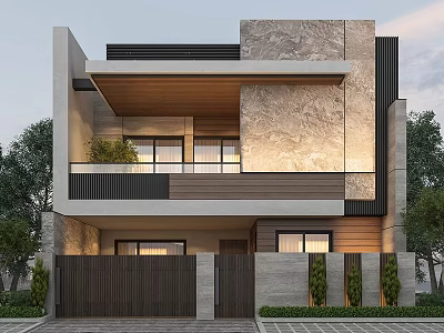 Modern Single Family Villa Exterior Design With Stone Wood Facade Balcony And Trees 3d model