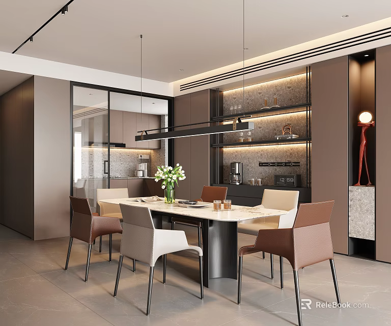 Modern Restaurant Interior With Dining Table Chairs Flower Vase Open Kitchen Cabinets And Lighting Design 3d model