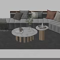 Modern L Shaped Gray Sofa with Decorative Pillows and Marble Coffee Table Set 3d model