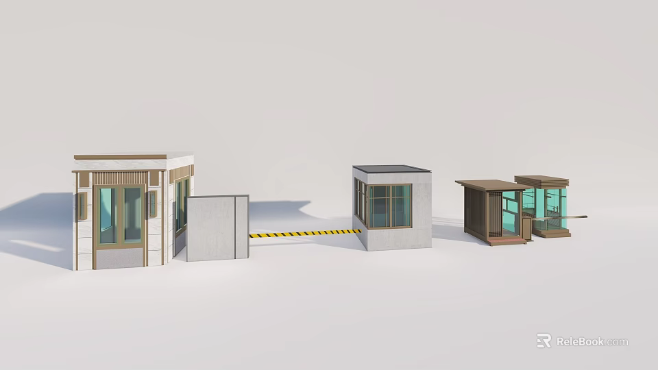 Different Design Security Booths With Glass Windows And Yellow Warning Tape 3d model
