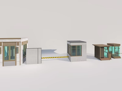 Different Design Security Booths With Glass Windows And Yellow Warning Tape 3d model