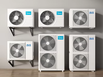 Multiple White Air Conditioner Fans From GREE And AUX Displayed On Wall And Floor 3d model