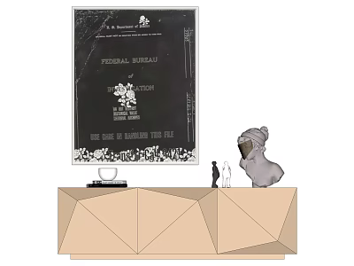 Black Poster On Geometric Cabinet With Sculpture Small Figures Cup And Books 3d model