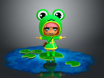 Cute Girl In Frog Costume Standing On Lily Pads In Blue Water 3d model