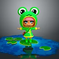 Cute Girl In Frog Costume Standing On Lily Pads In Blue Water