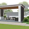 Outdoor Pavilion Leisure Area With Sofa Set Coffee Table Floor Lamp And Green Lawn