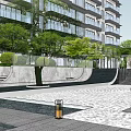 Modern Residential Landscape With Gray Textured Wall Sculpture Green Plants And High-Rise Background