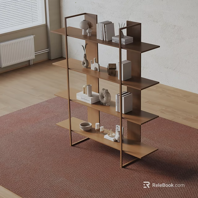 Modern Wooden Bookshelf Design With Books Decorative Vases Small Sculptures And Bowls 3d model 