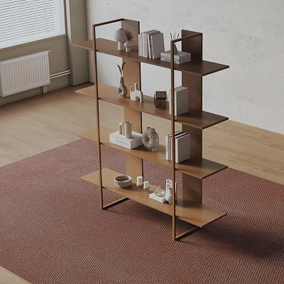 Modern Wooden Bookshelf Design With Books Decorative Vases Small Sculptures And Bowls 3d model