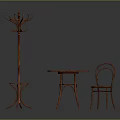 Classic Wooden Table and Chair Set with Curved Design and Matching Coat Rack