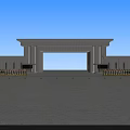 Modern Entrance Gate With Archway Top Beam And Side Buildings Along Roadway