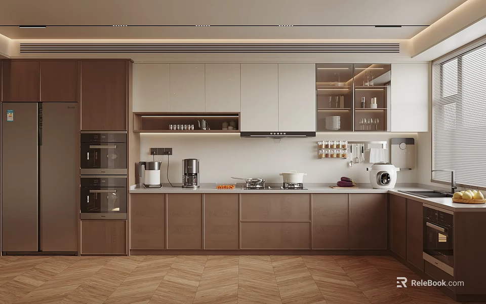Modern Kitchen Interior Design With Wood White Cabinets Quartz Countertop And Appliances 3d model 