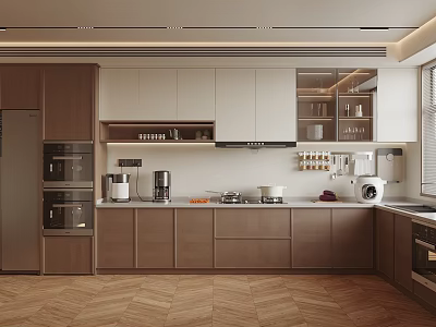 Modern Kitchen Interior Design With Wood White Cabinets Quartz Countertop And Appliances 3d model