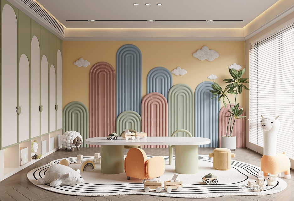Vibrant Playroom Interior With Colorful Arch Decor Wooden Toys And Soft Chairs 3d model 