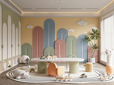 Vibrant Playroom Interior With Colorful Arch Decor Wooden Toys And Soft Chairs 3d model
