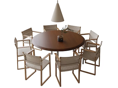 Round Wooden Dining Table with Rattan Chairs and Hanging Pendant Light in Dining Room 3d model