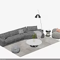 Gray L Shaped Sofa And Round White Coffee Table Set With Cushions Poufs And Rug