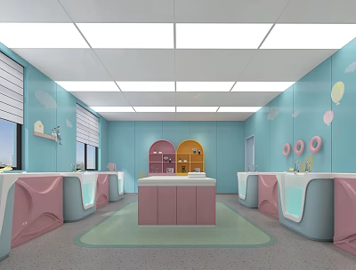 Kid Friendly Mall Store Featuring Light Blue Walls Pink White Counters Arched Doors Donut Decorations 3d model
