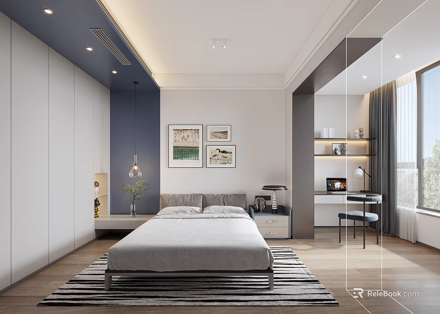 Modern Kids Bedroom Interior With Built in Wardrobe Study Desk and Art Prints 3d model 