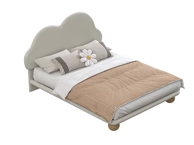 Cloud Shaped Headboard Double Bed With Striped Pillows Daisy Decoration And Brown Quilt 3d model